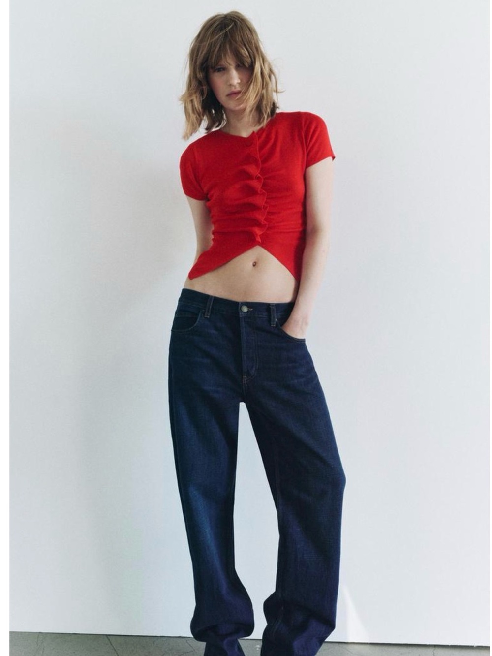 ZARA knitted red short sleeves, round neckline, vertical gathered down front.
